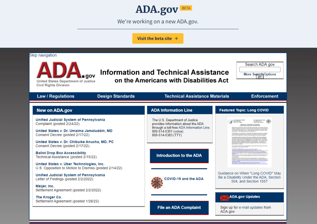 Current, not beta ADA.gov website homepage